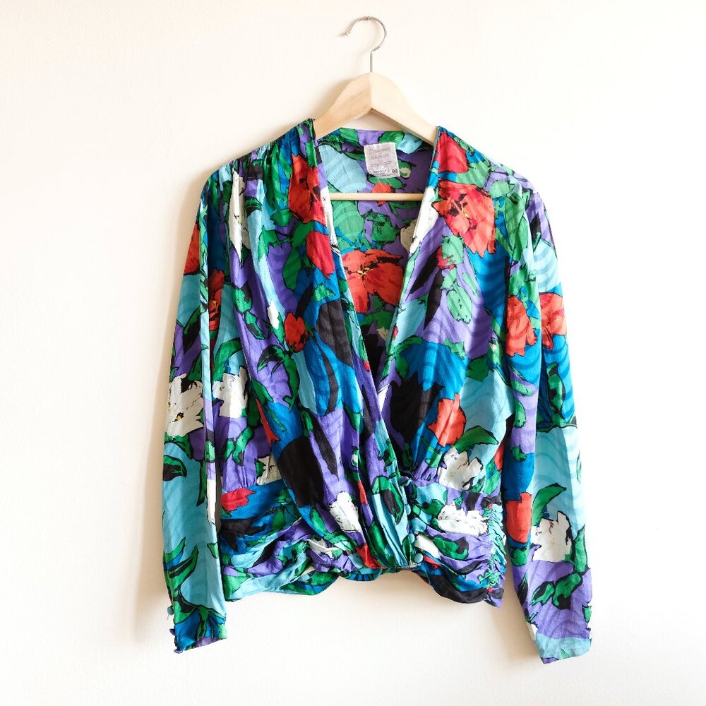 Vintage FRANCESCA OF Damon Silk Print Cross-over Blouse